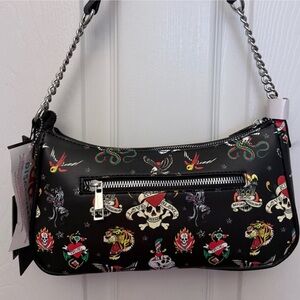 NWT Ed Hardy Black Skull Print Shoulder Bag with Iconic Design